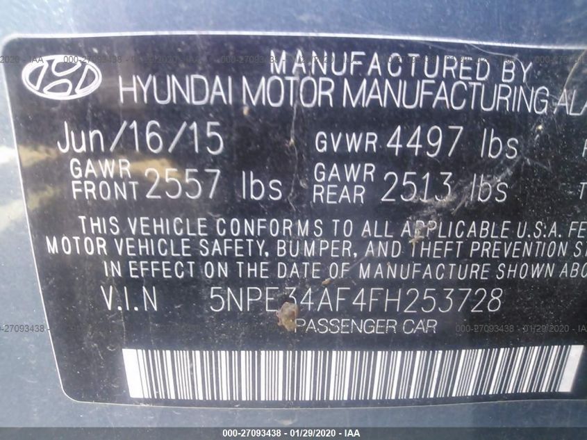 2015 HYUNDAI SONATA 2.4L SPORT 5NPE34AF4FH253728