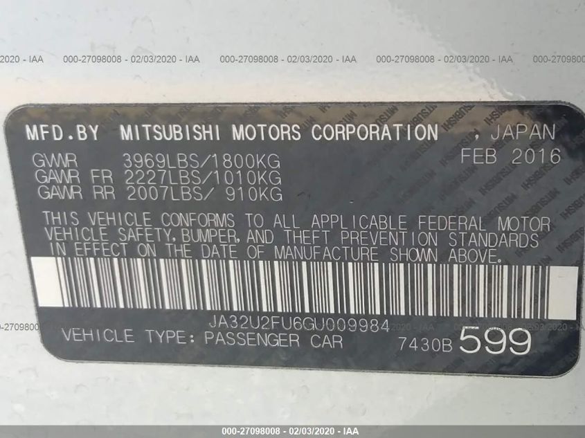 2016 MITSUBISHI LANCER ES JA32U2FU6GU009984
