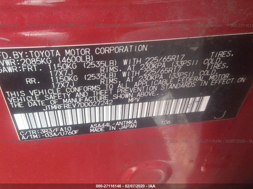 2013 TOYOTA RAV4 XLE JTMRFREV7DD027242