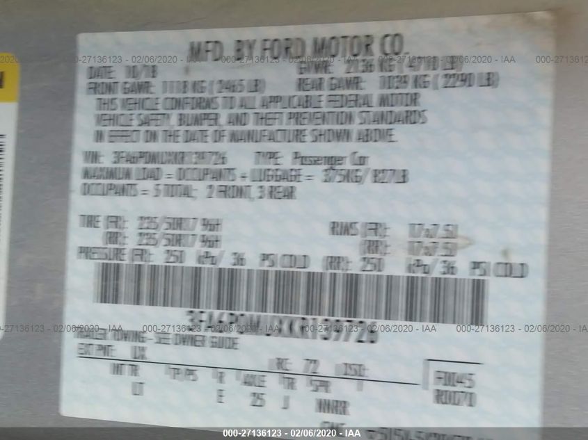 2019 FORD FUSION HYBRID SEL 3FA6P0MUXKR139726