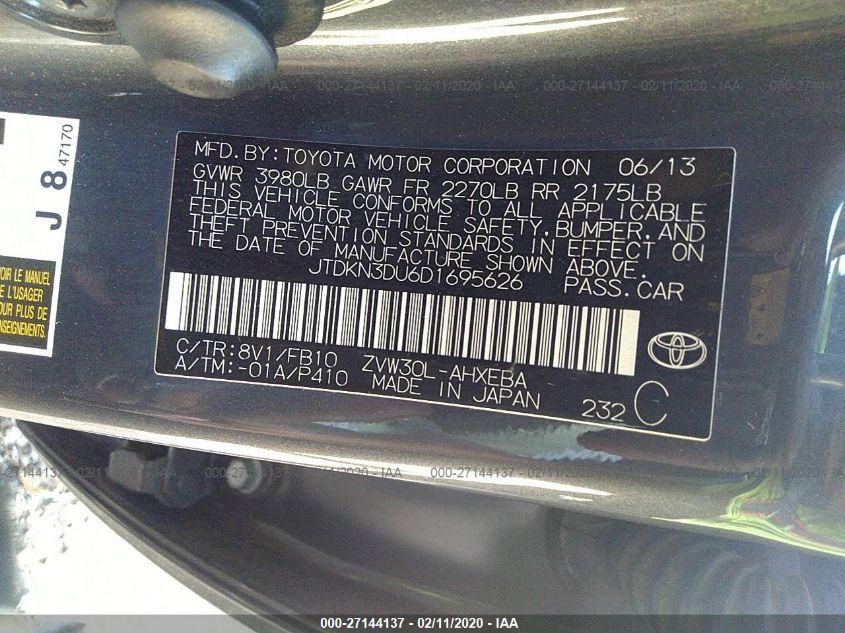 2013 TOYOTA PRIUS JTDKN3DU6D1695626