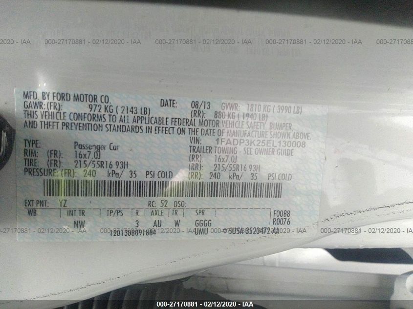 2014 FORD FOCUS SE 1FADP3K25EL130008
