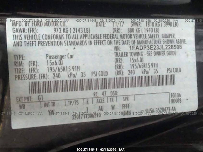 2018 FORD FOCUS S 1FADP3E23JL228508