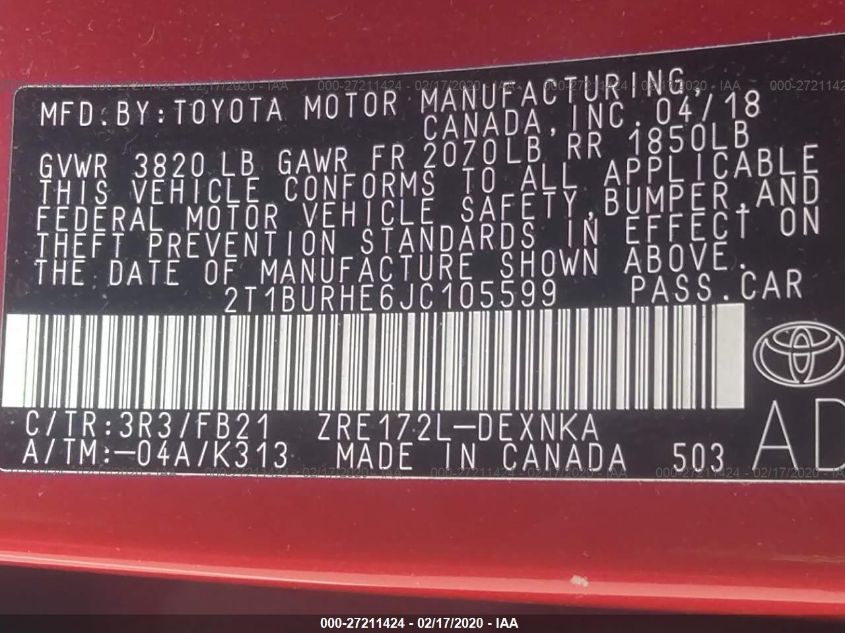 2018 TOYOTA COROLLA L/LE/XLE/SE/XSE 2T1BURHE6JC105599