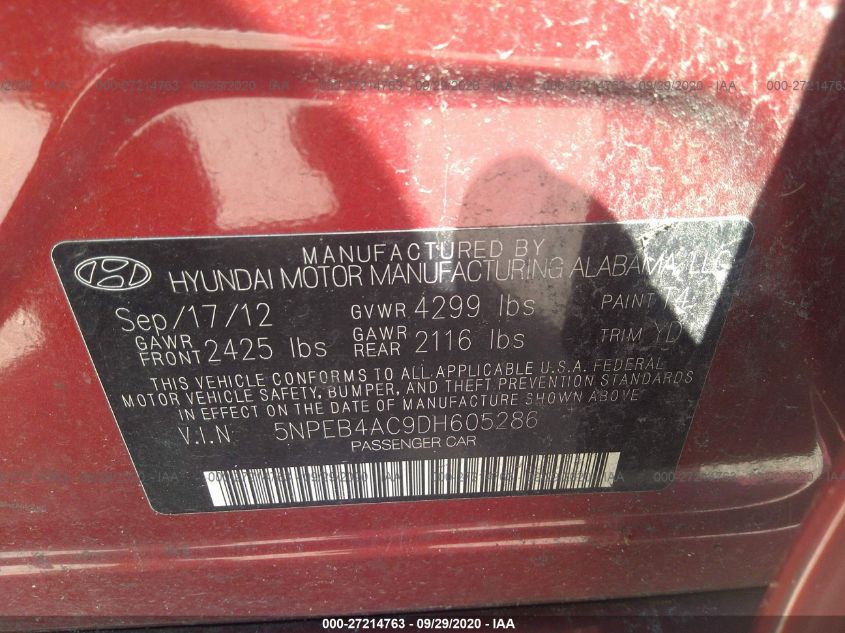 2013 HYUNDAI SONATA GLS 5NPEB4AC9DH605286