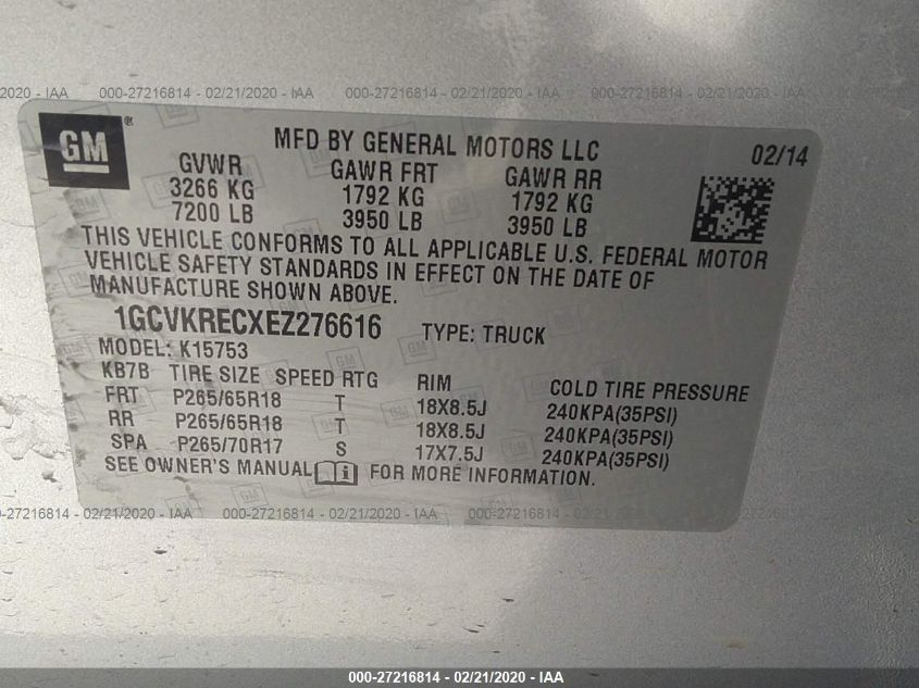 2014 CHEVROLET SILVERADO 1500 LT 1GCVKRECXEZ276616