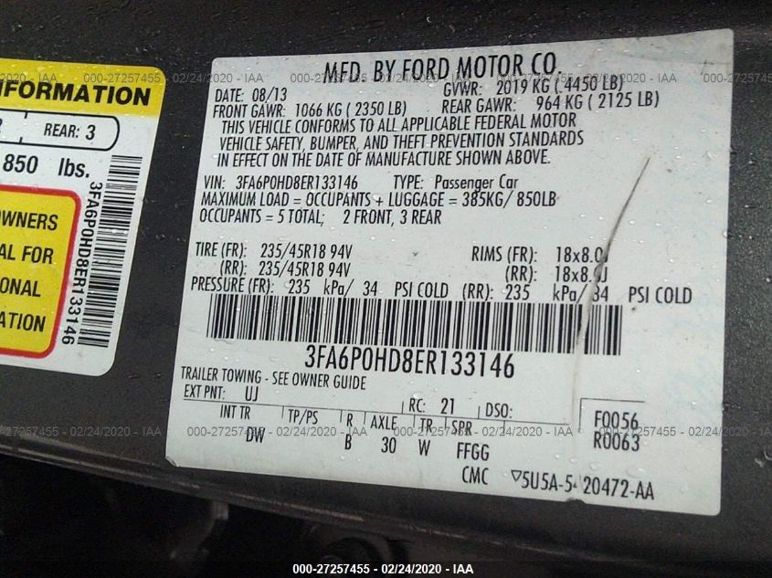 2014 FORD FUSION SE 3FA6P0HD8ER133146