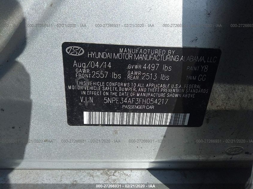 2015 HYUNDAI SONATA 2.4L SPORT 5NPE34AF3FH054217