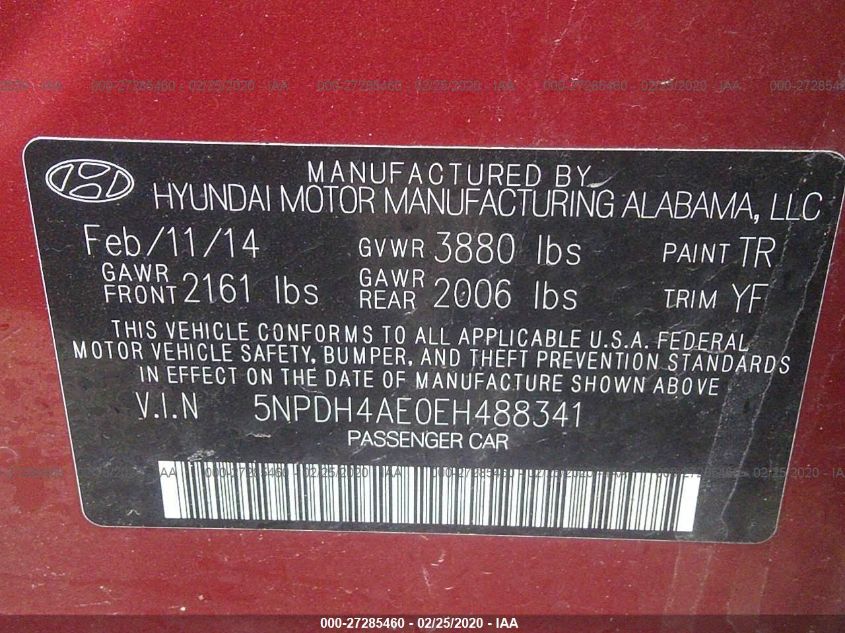 2014 HYUNDAI ELANTRA SE 5NPDH4AE0EH488341