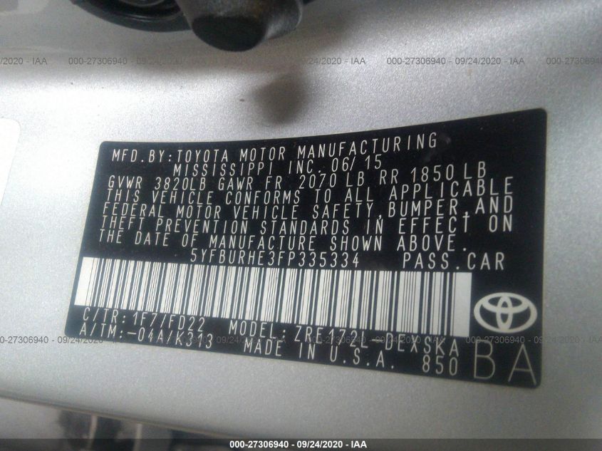 2015 TOYOTA COROLLA L/LE/S/S PLUS/LE PLUS 5YFBURHE3FP335334