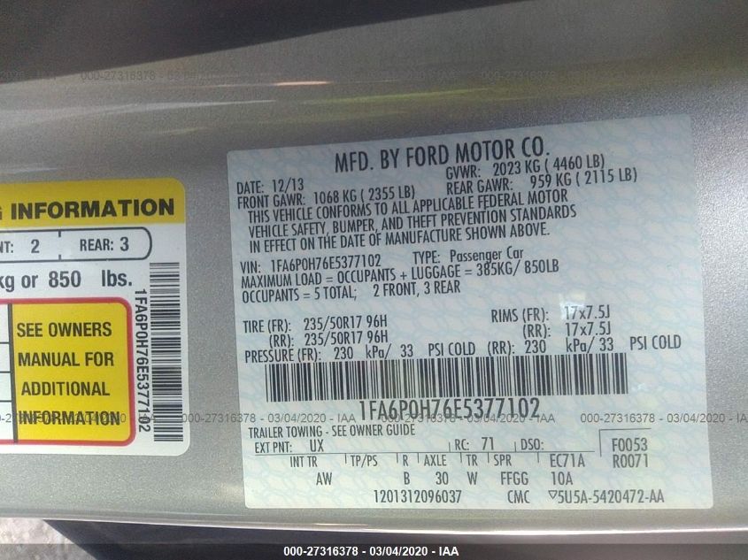 2014 FORD FUSION SE 1FA6P0H76E5377102