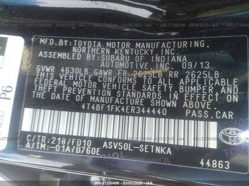 2014 TOYOTA CAMRY L/SE/LE/XLE 4T4BF1FK4ER344440