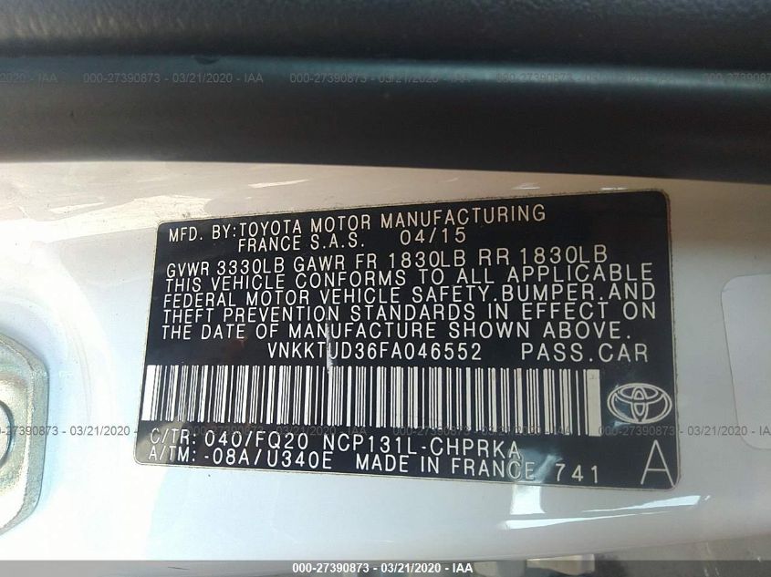 2015 TOYOTA YARIS L/SE/LE VNKKTUD36FA046552