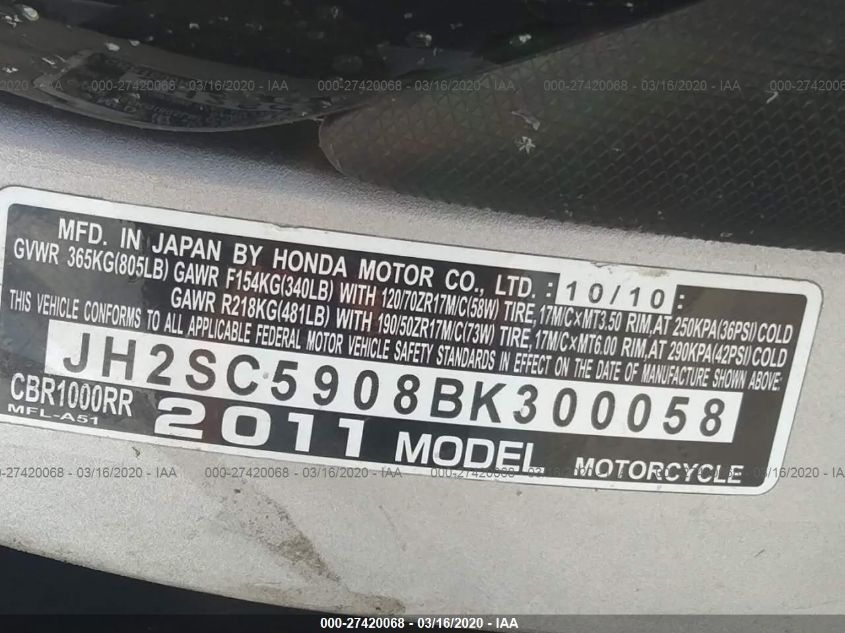 2011 HONDA CBR1000 RR JH2SC5908BK300058
