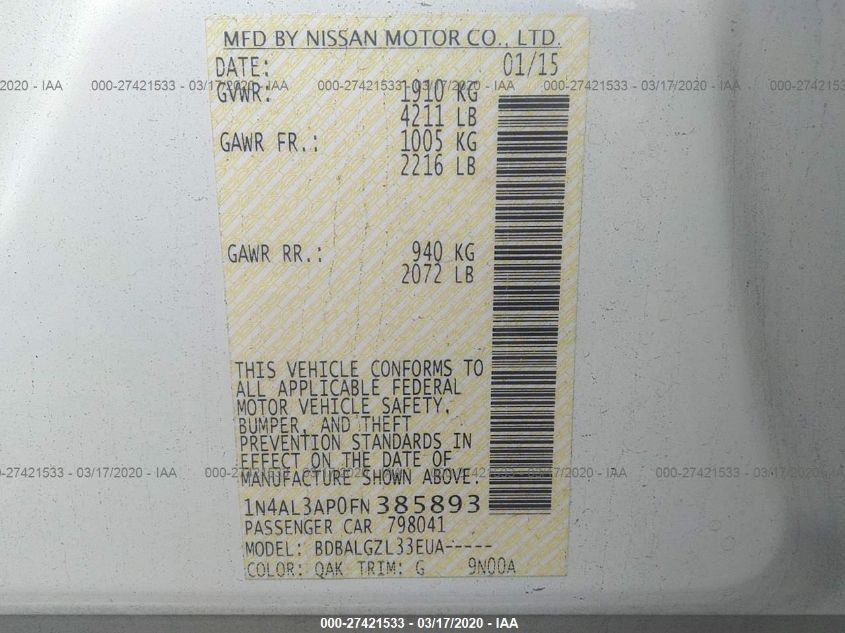 2015 NISSAN ALTIMA 2.5/S/SV/SL 1N4AL3AP0FN385893