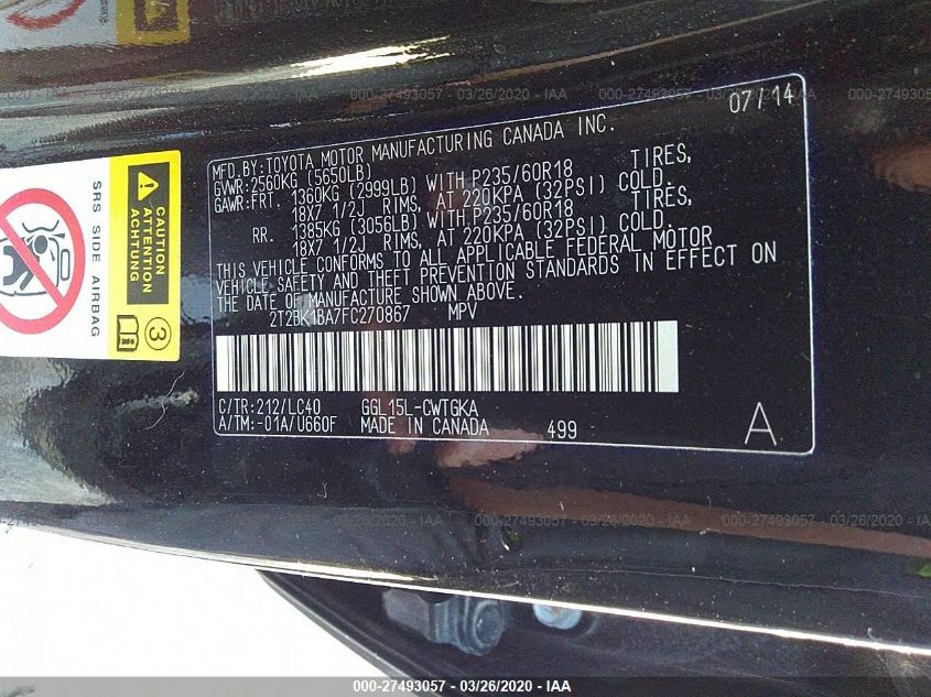 2015 LEXUS RX 350 2T2BK1BA7FC270867