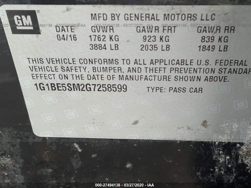 2016 CHEVROLET CRUZE LT 1G1BE5SM2G7258599