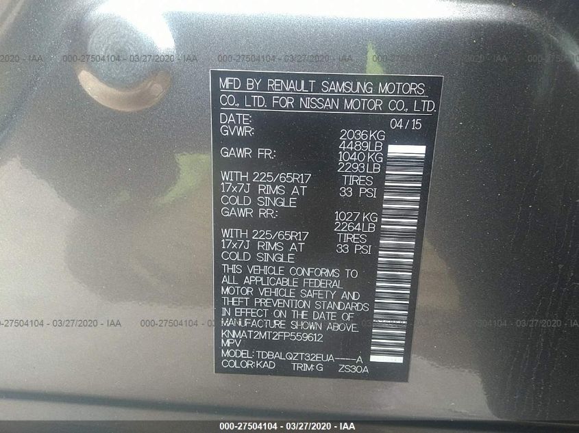 2015 NISSAN ROGUE SV KNMAT2MT2FP559612