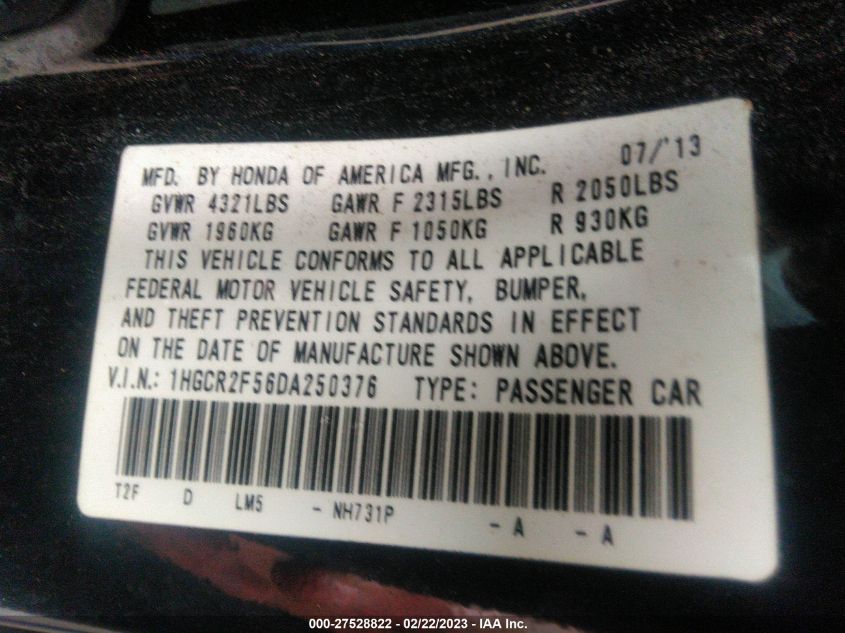 2013 HONDA ACCORD SDN SPORT 1HGCR2F56DA250376