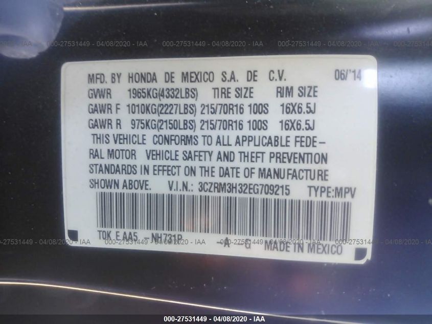 2014 HONDA CR-V LX 3CZRM3H32EG709215