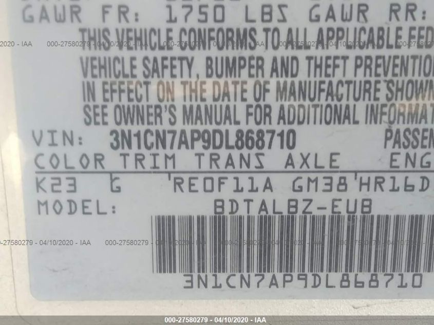 2013 NISSAN VERSA S/S PLUS/SV/SL 3N1CN7AP9DL868710