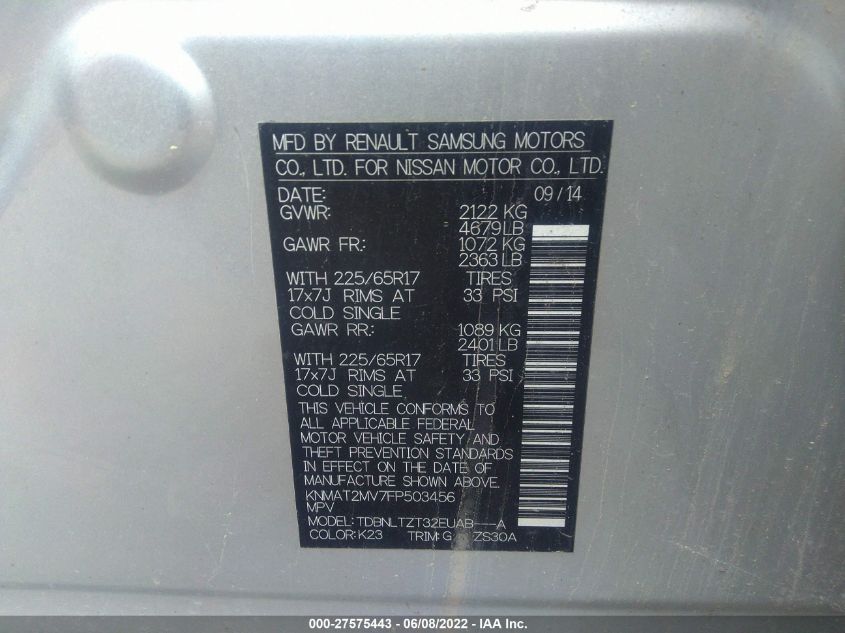 2015 NISSAN ROGUE SV KNMAT2MV7FP503456