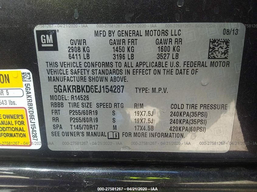 2014 BUICK ENCLAVE 5GAKRBKD6EJ154287