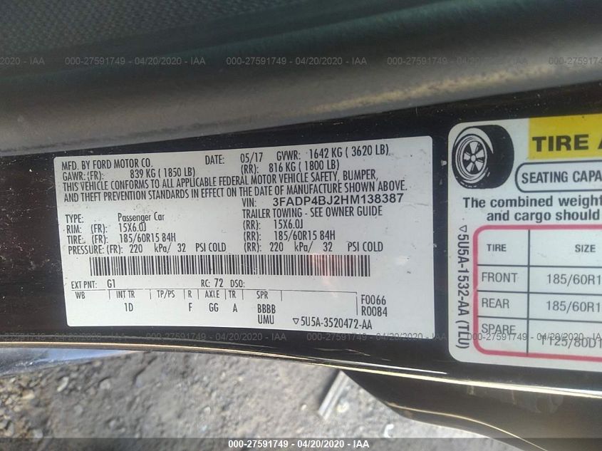 2017 FORD FIESTA SE 3FADP4BJ2HM138387