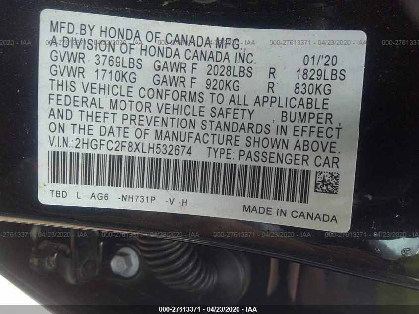 2020 HONDA CIVIC SEDAN SPORT 2HGFC2F8XLH532674