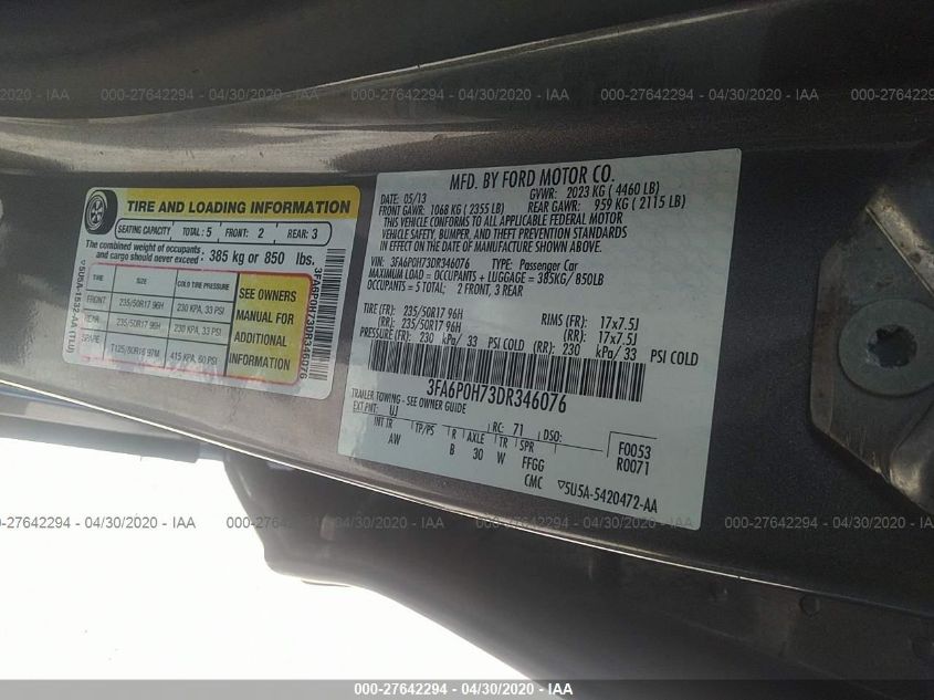 2013 FORD FUSION SE 3FA6P0H73DR346076
