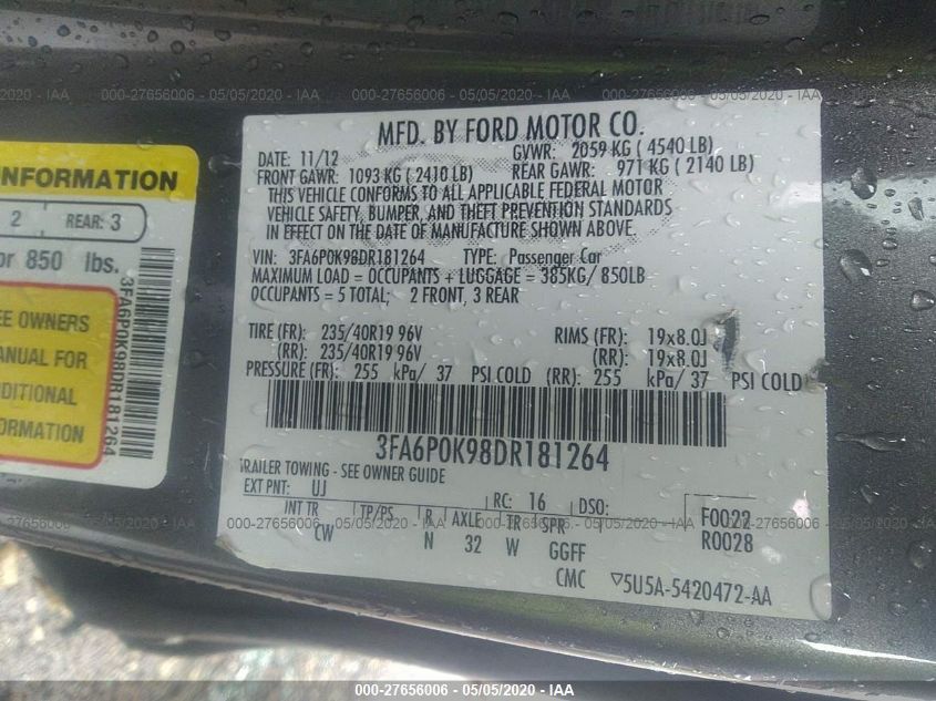 2013 FORD FUSION TITANIUM 3FA6P0K98DR181264