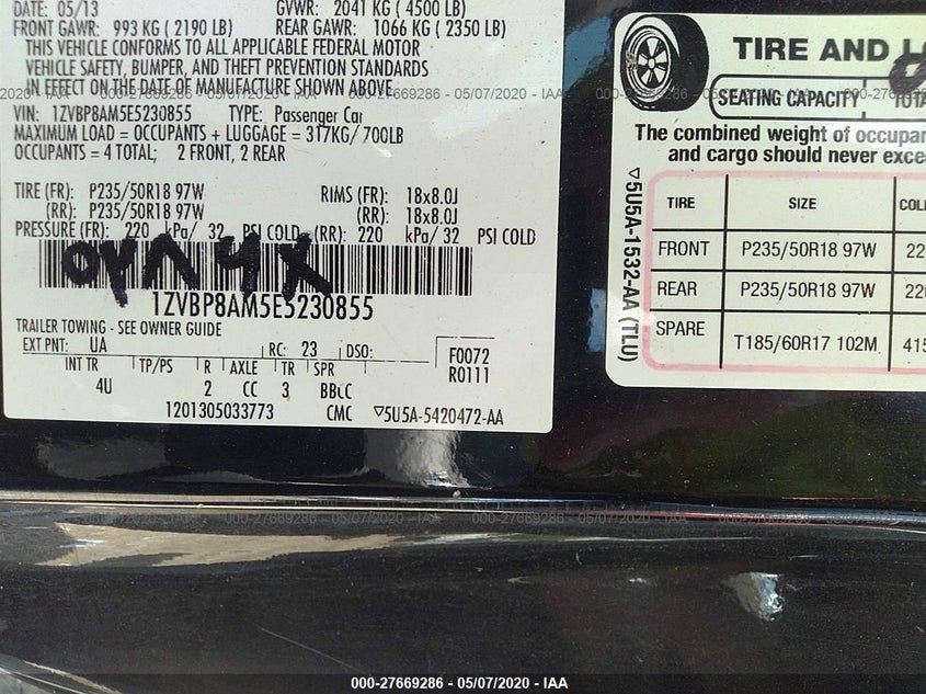 2014 FORD MUSTANG VIN: 1ZVBP8AM5E5230855