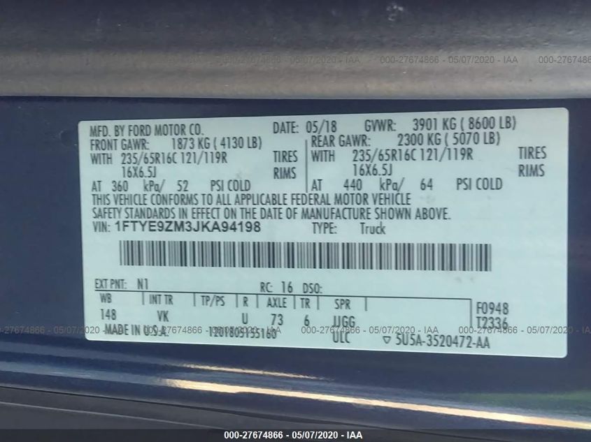 2018 FORD TRANSIT VAN T-150 1FTYE9ZM3JKA94198