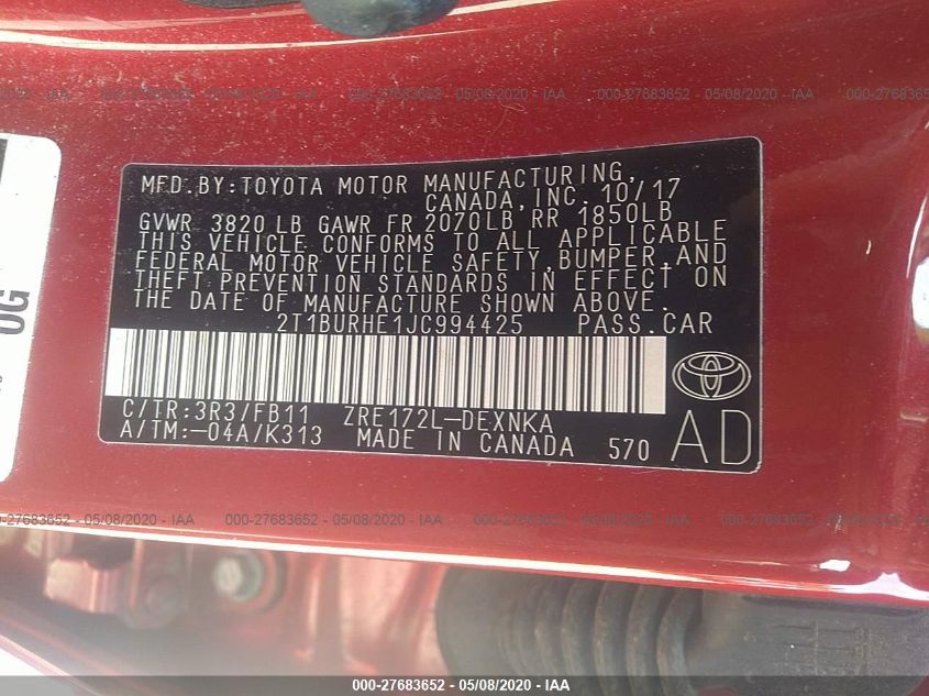 2018 TOYOTA COROLLA L/LE/XLE/SE/XSE 2T1BURHE1JC994425