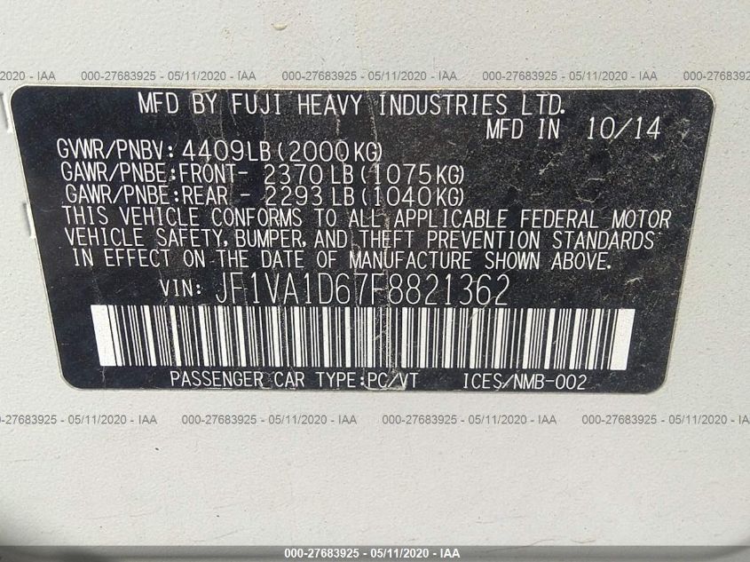 2015 SUBARU WRX PREMIUM JF1VA1D67F8821362
