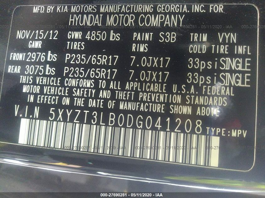 2013 HYUNDAI SANTA FE SPORT 5XYZT3LB0DG041208