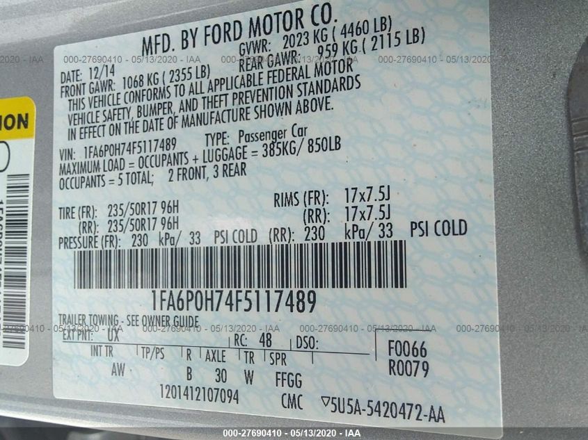 2015 FORD FUSION SE 1FA6P0H74F5117489