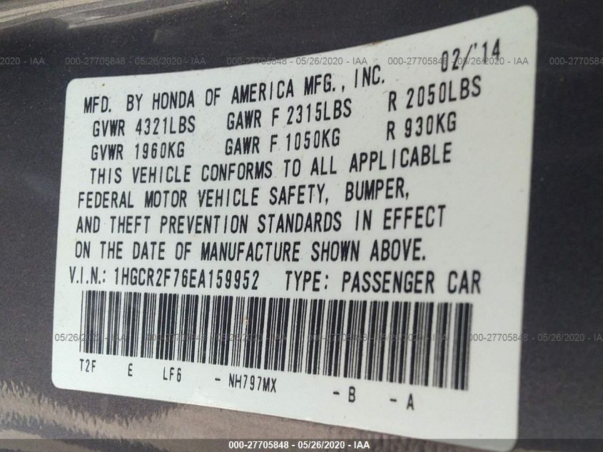 2014 HONDA ACCORD SEDAN EX 1HGCR2F76EA159952