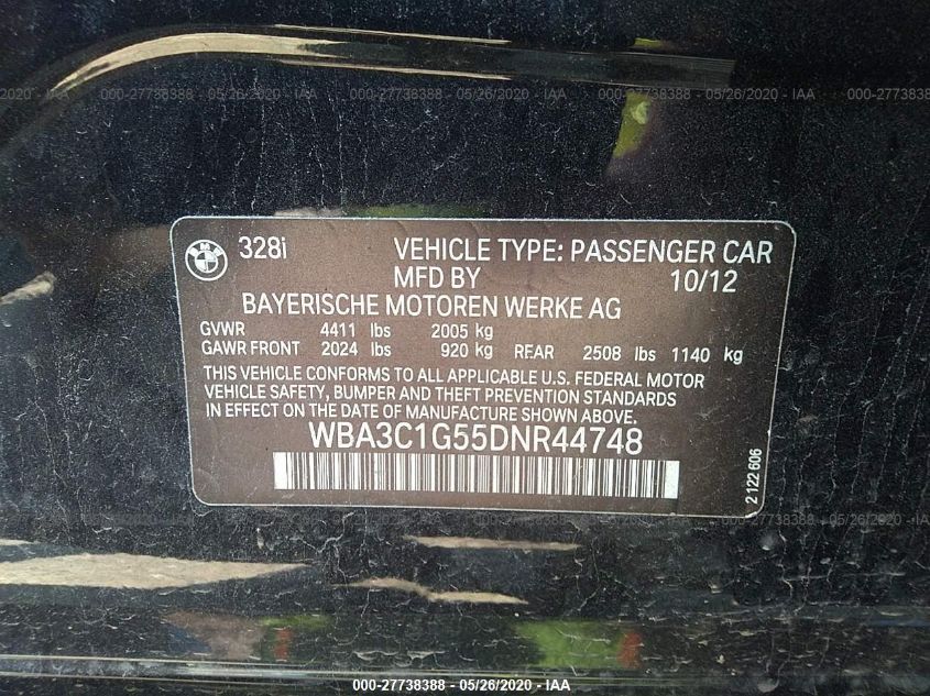 2013 BMW 3 SERIES 328I WBA3C1G55DNR44748