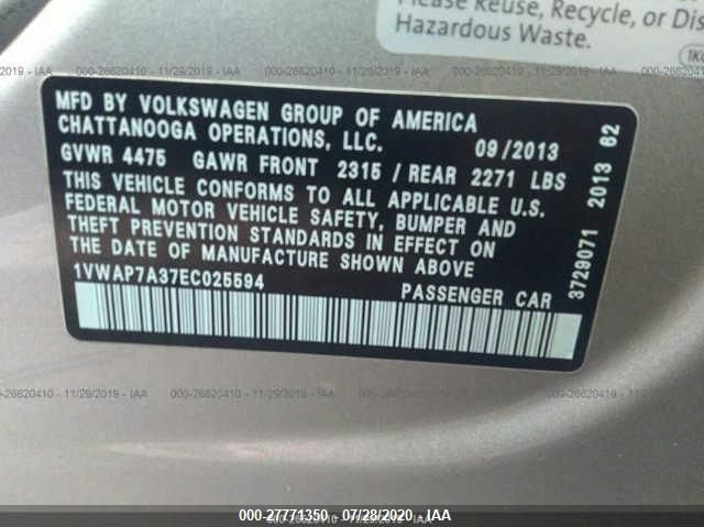 2014 VOLKSWAGEN PASSAT S 1VWAP7A37EC025594