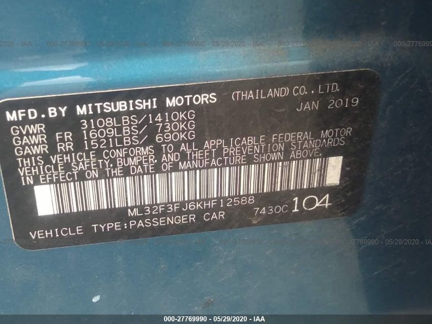 2019 MITSUBISHI MIRAGE G4 ES/RF ML32F3FJ6KHF12588