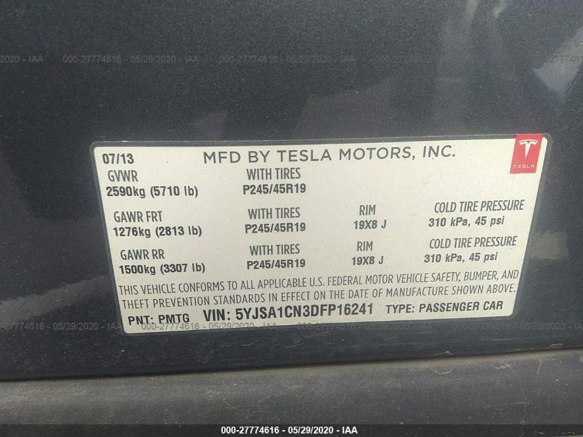 2013 TESLA MODEL S 5YJSA1CN3DFP16241
