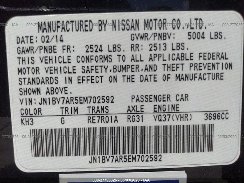 2014 INFINITI Q50 PREMIUM/SPORT JN1BV7AR5EM702592