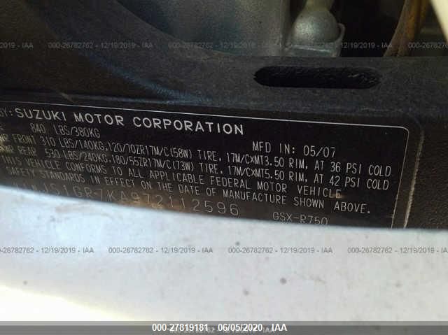 2007 SUZUKI GSX-R750 JS1GR7KA972112596