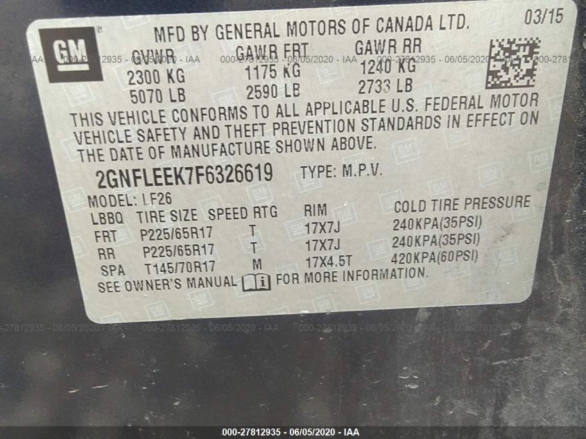 2015 CHEVROLET EQUINOX LS 2GNFLEEK7F6326619