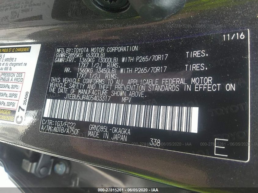 2016 TOYOTA 4RUNNER LIMITED/TRAIL/SR5 JTEBU5JR4G5403317