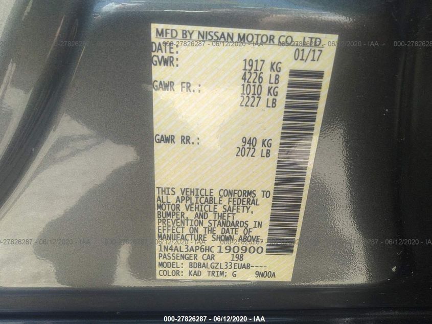 2017 NISSAN ALTIMA 2.5 S 1N4AL3AP6HC190900