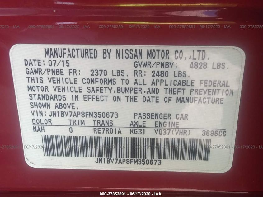 2015 INFINITI Q50 PREMIUM/SPORT JN1BV7AP8FM350673