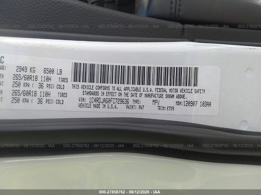 2015 DODGE DURANGO SXT 1C4RDJAG0FC729636