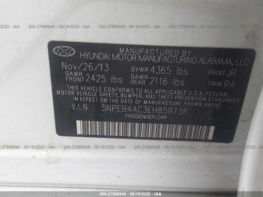 2014 HYUNDAI SONATA GLS 5NPEB4AC3EH859738